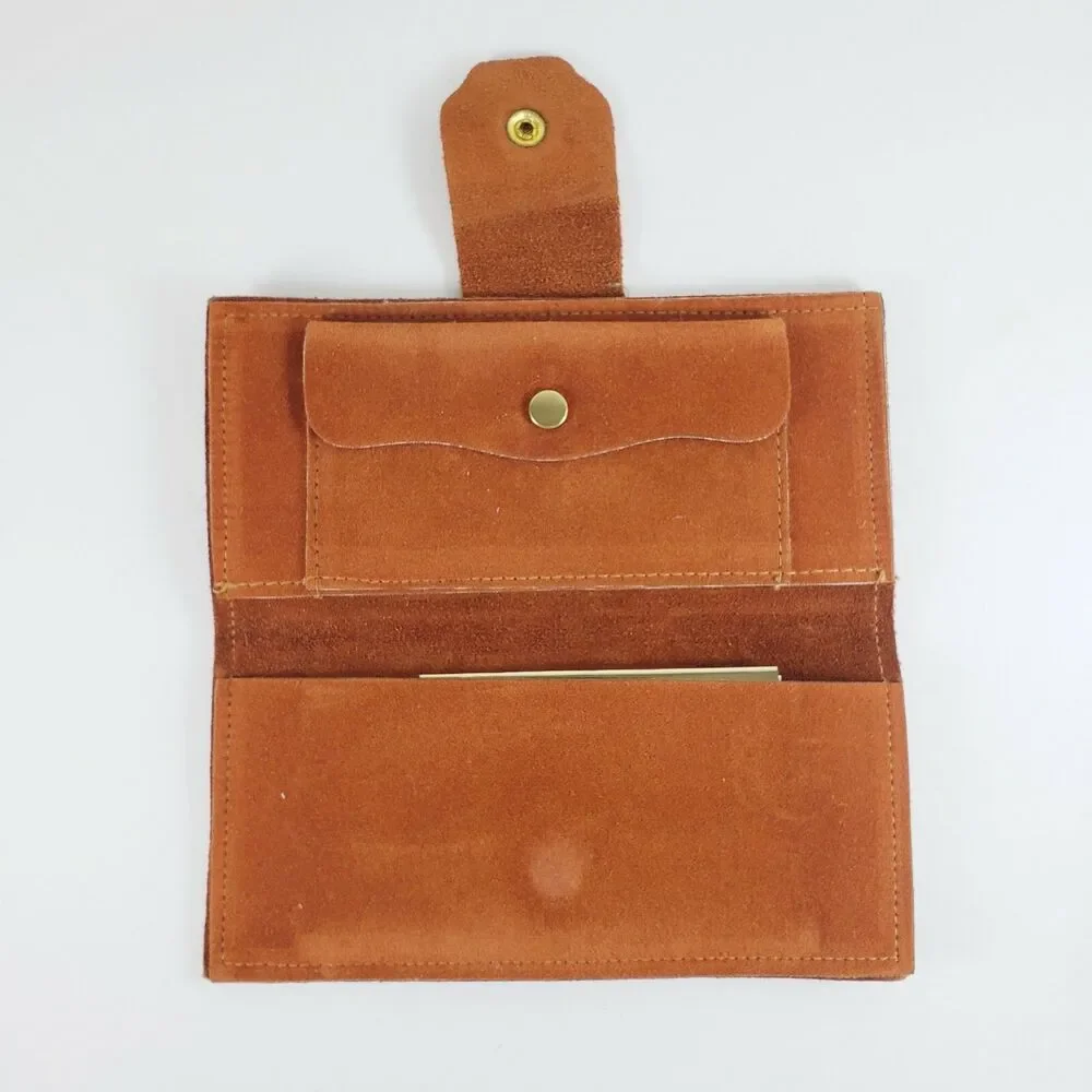 Vtg Camel Tan Suede Wallet Pocket Book Gold Tone Accents Pocket Book Retro 70s